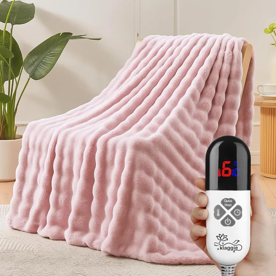 Electric Heated Blanket Throw 50"x60" Pink Ultra Soft Luxury Fluffy Faux Rabbit Fur Machine Washable 6 Heat Settings 4 Hours Au