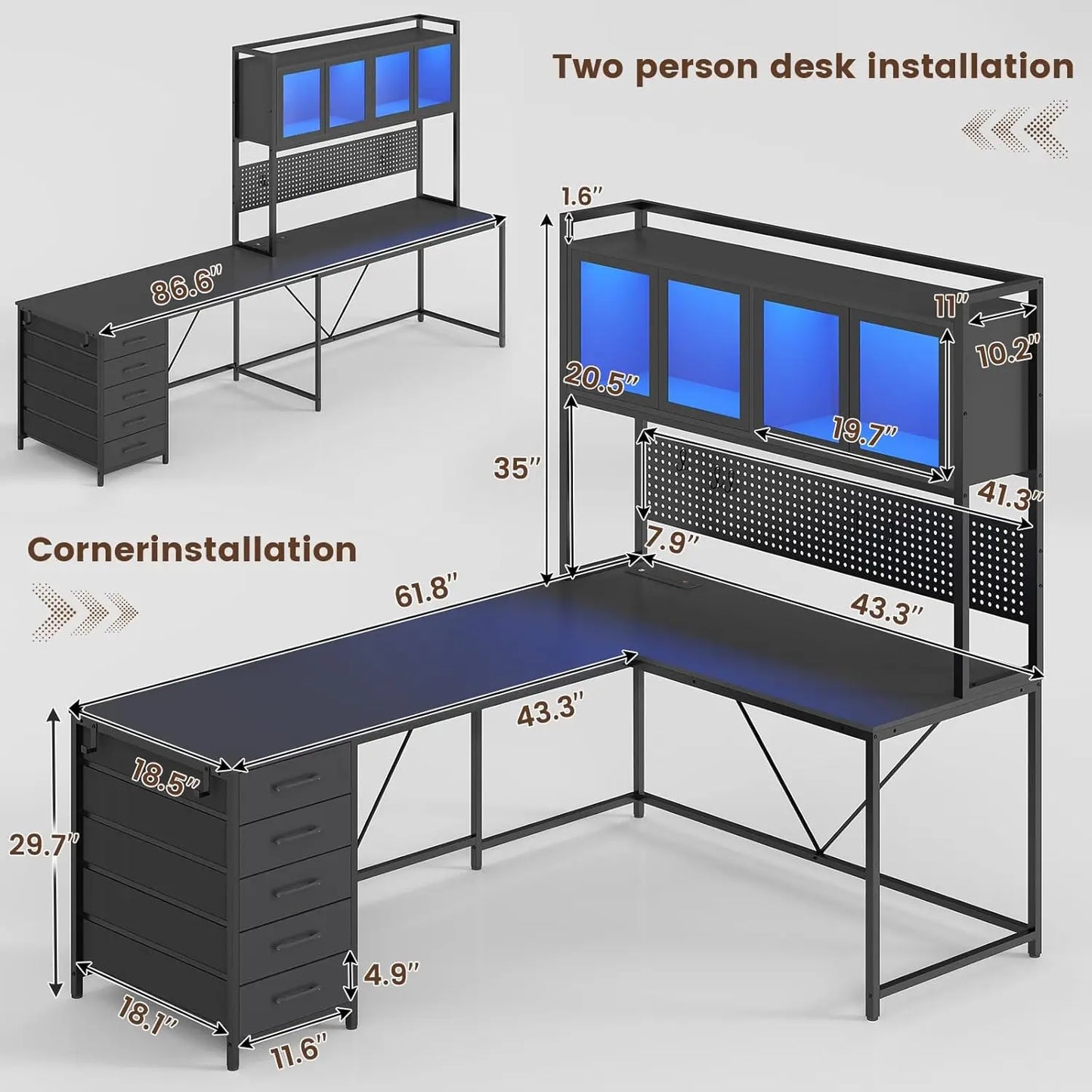 L Shaped Gaming Desk with Drawers, L Shaped Computer Desk with Hutch and Storage Shelves, Gaming Desk with Pegboard, Led Lights,