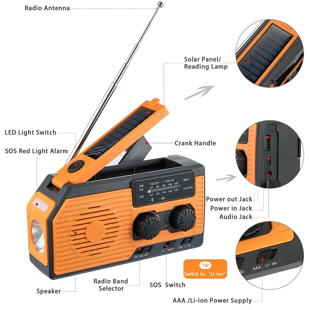Hand Crank Radio Portable Solar Power Hand Crank Radio AM/FM/WB NOAA Weather LED Flashlight for Outdoor Camping Hiking