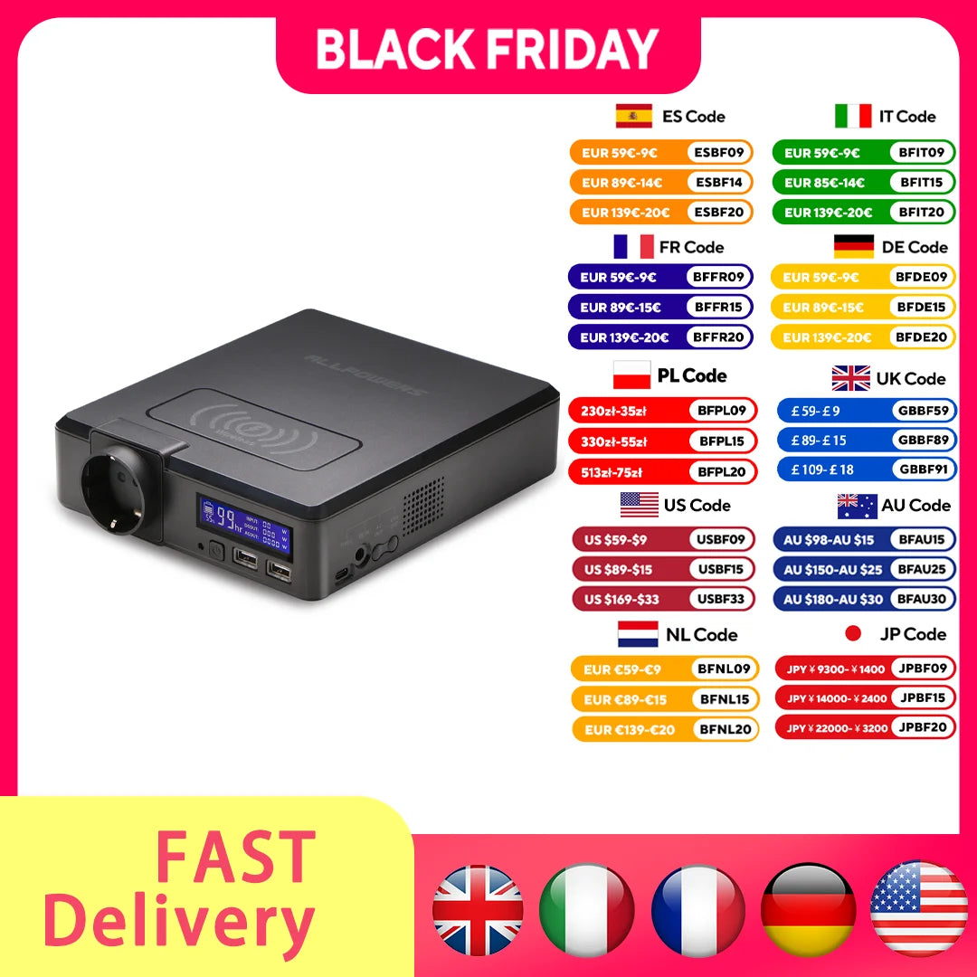 ALLPOWERS Solar Powerbank 154Wh 41600mAh  External Battery Charger Powerstation 200W Portable Generator Emergency Backup Power