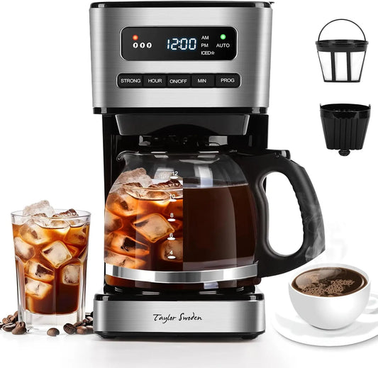 12-Cup Programmable Coffee Maker, 4 Brew Strength, LED Timer, Keep Warm & Auto Shut-off - Drip Coffee Machine for Home/Office