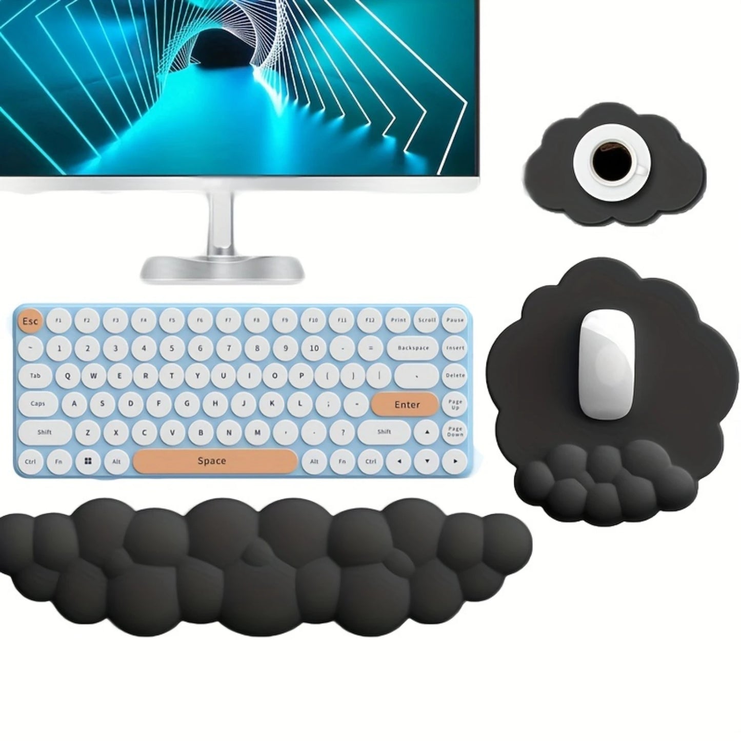 3-Piece Cloud-Shaped Mouse and Keyboard Pads with Wrist Support Set - Ergonomic PU Leather Desk Accessories with Water-Resistant