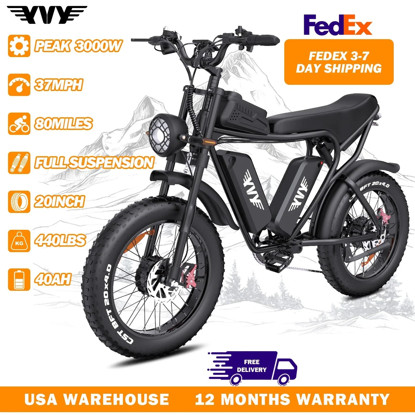 YVY K20 Electric Bike for Adults 1500/2000W 33/37MPH 48/52V 50-80Miles Electric Motorcycle 20" Fat Tire Dirt Bike 7-Speed E-Bike