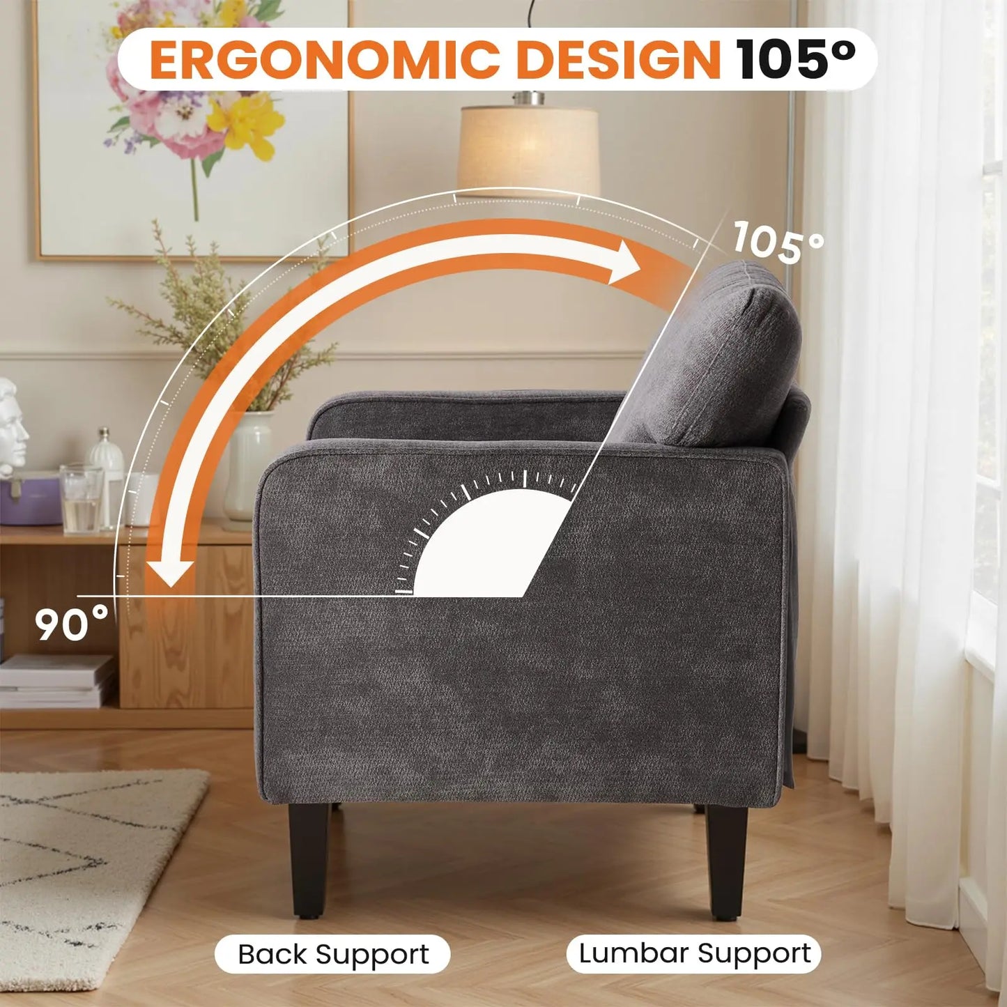 JHK Modern Accent Chairs for Living Room Ergonomic with Armrest and Backrest Lumbar Support Reading Lounge Chair For Bedroom