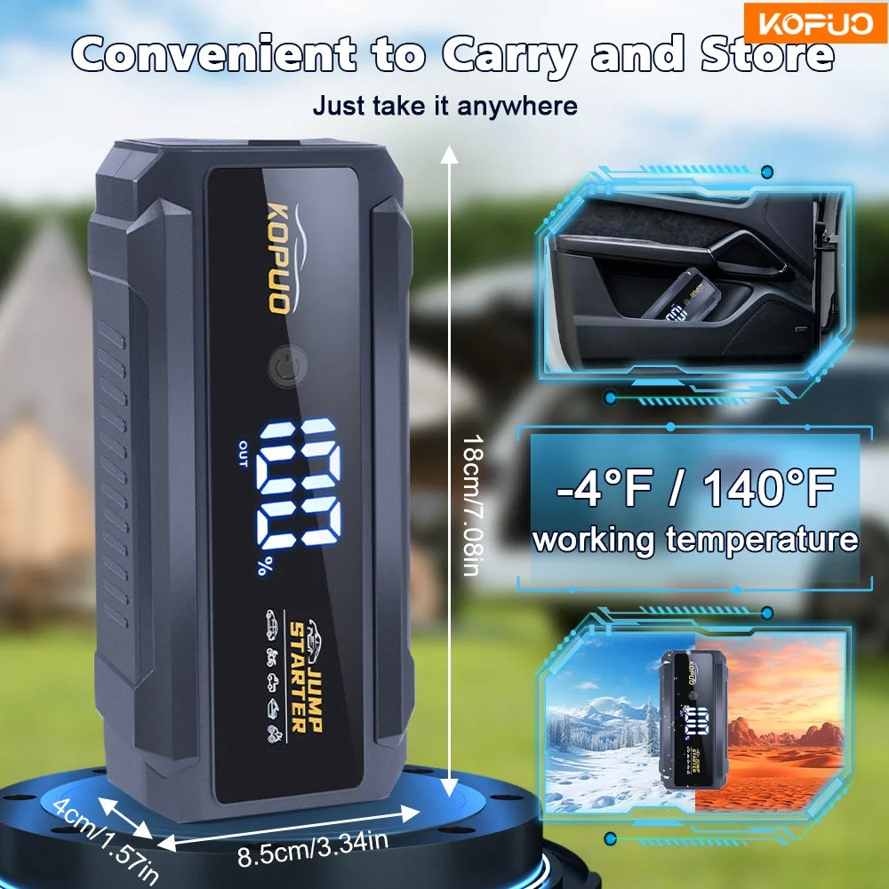 KOPUO 2000A Car Jump Starter Power Bank Portable Emergency Booster 12V Auto Starting Device for 8.0L Gas/6.0L Diesel Engines