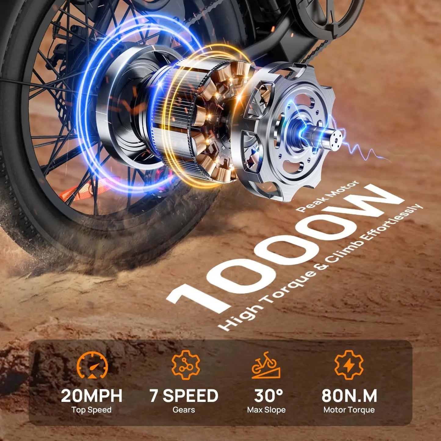 1000W 20x3" Fat Tire Electric Bike 48V 13Ah Removable Battery 20MPH 7-Speed Gears Dual Disc Brakes Adult Moped for Off-Road City