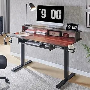 48Inch Gaming Desk, Electric Standing Desk with Height Adjustable, Power Outlets, LED Lights, Keyboard Tray, and Monitor Shelf,