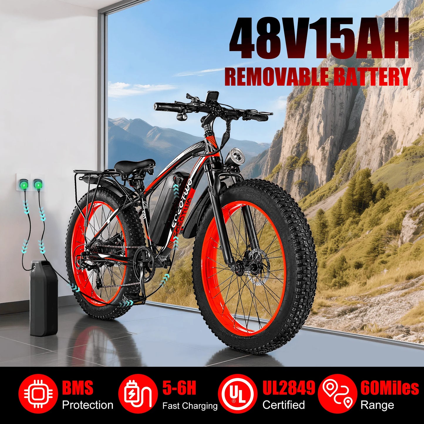Electric Bike Adults 26" Fat Tire 1500W Peak Motor Electric Bicycle 34Mph Mountain E Bike 60Mile Range 48V 15AH Electric Bike