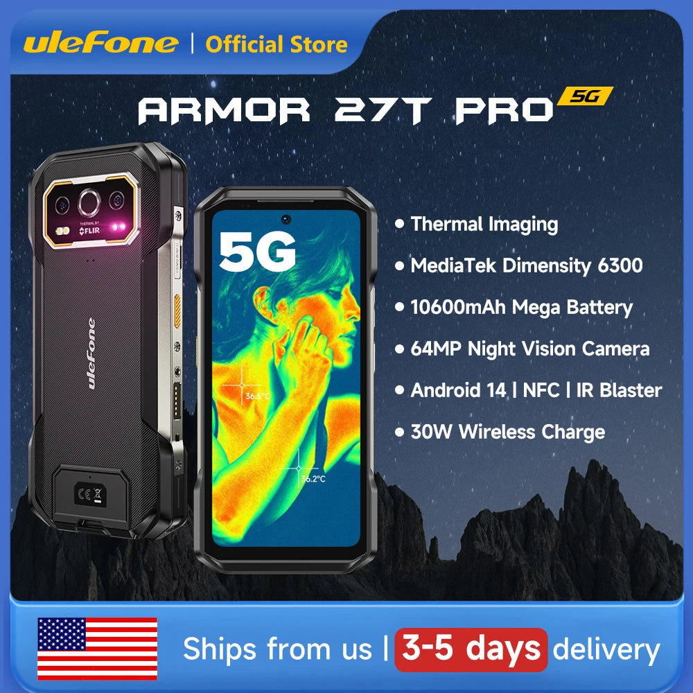 Ulefone Armor 27T Pro 5G THERMAL BY FLIR® Rugged Phone Android 14 10600mAh Smartphone 64MP 6.78" 24GB+256GB Mobile Phone NFC