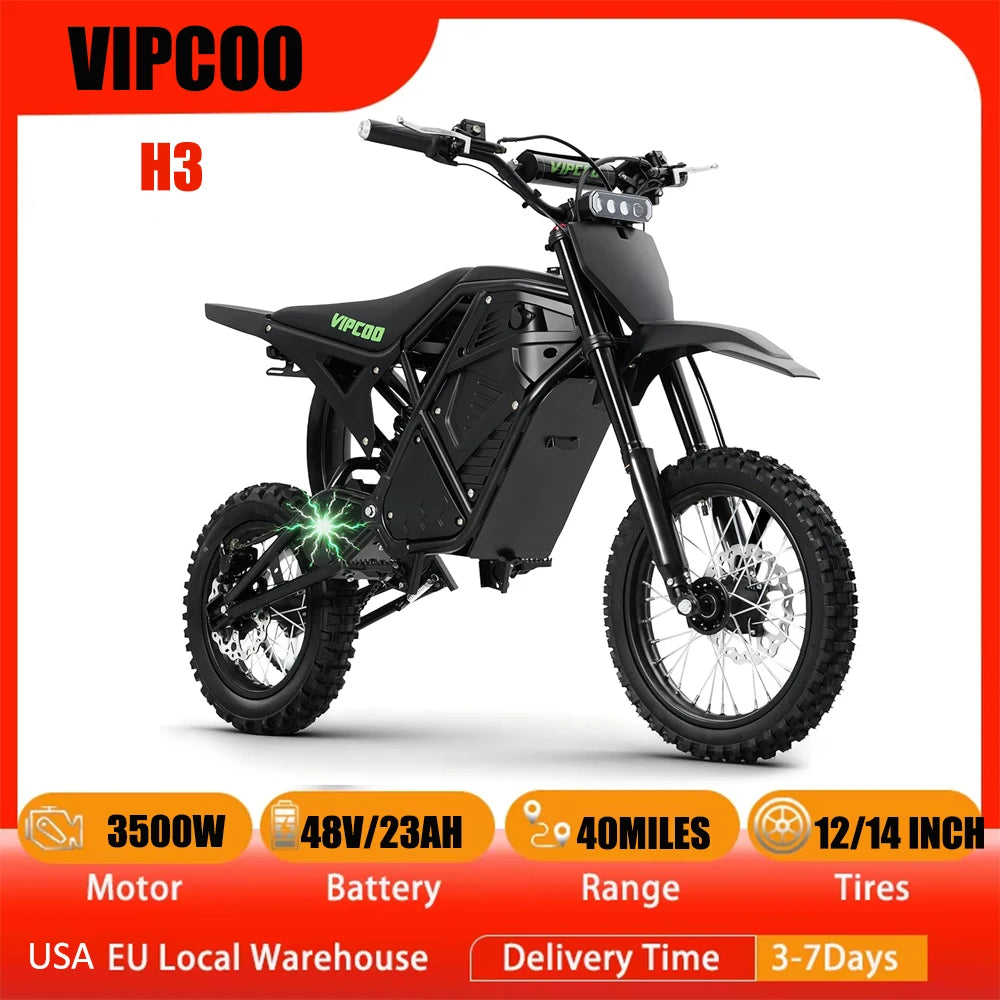 H3 Electric Motorcycle for Adults, 3500W Moter, Up to 40MPH / 45° Slope / 45 Miles Range, 14"/12" Fat Tire Motorbike