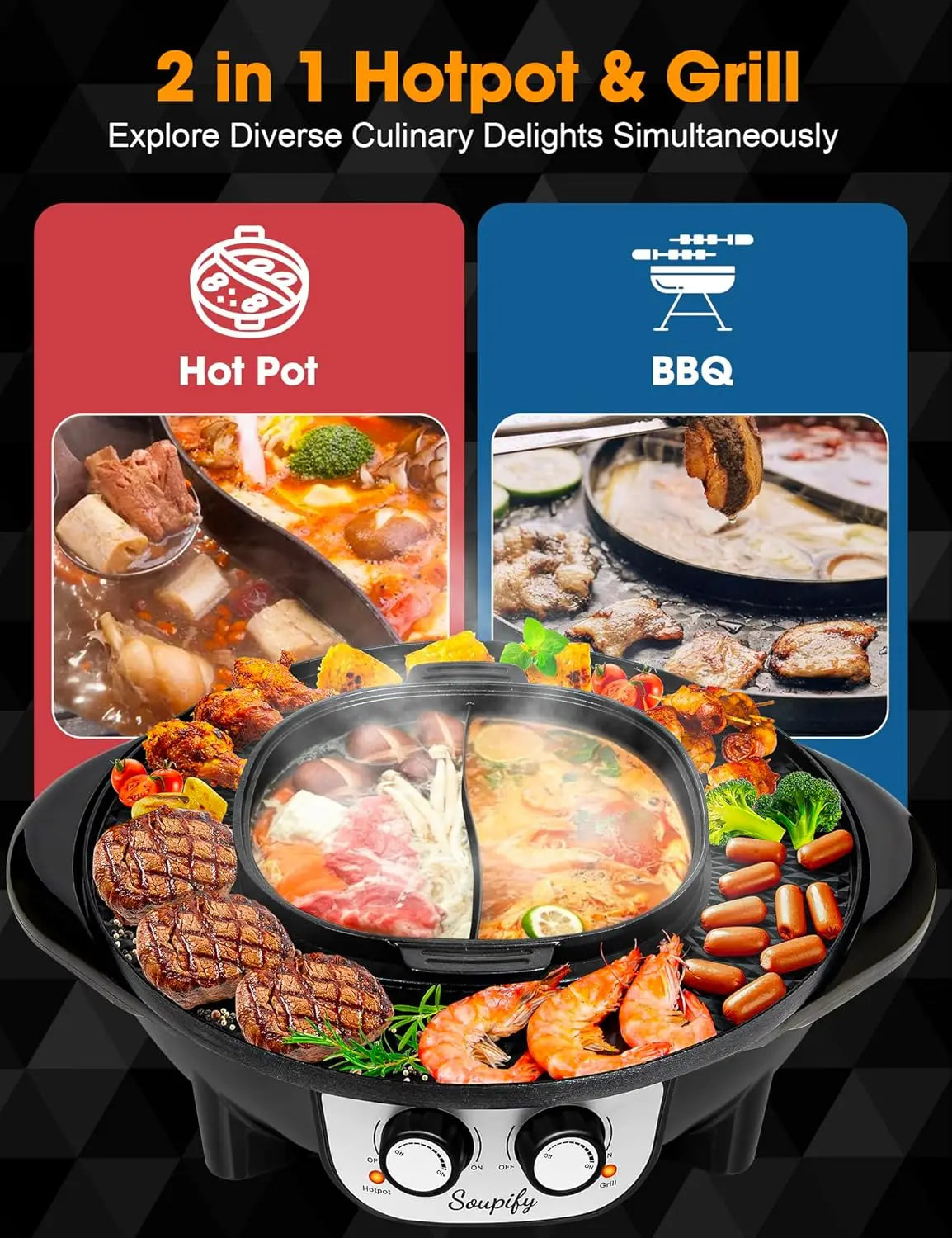 2-in-1 Electric Hot Pot and Grill with Dual Temperature Control, Non-Stick Pan for Family Gatherings