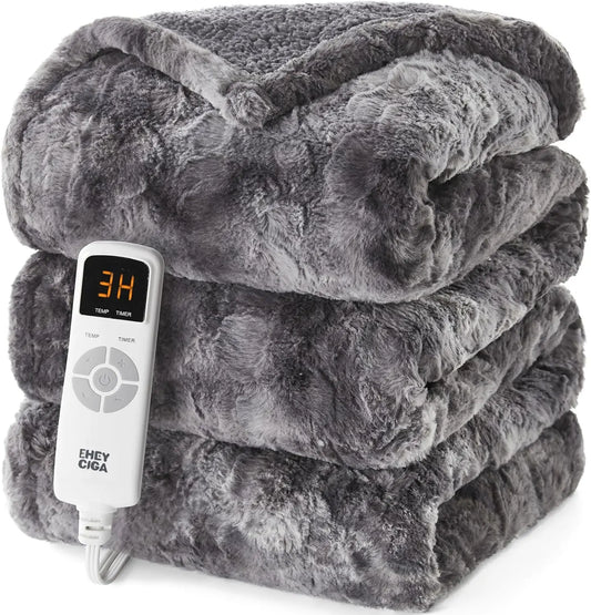 Electric Heated Blanket Throw with Faux Fur and Sherpa, 9 Heat Levels, 10-Hour Auto Shut Off for Fast Warming