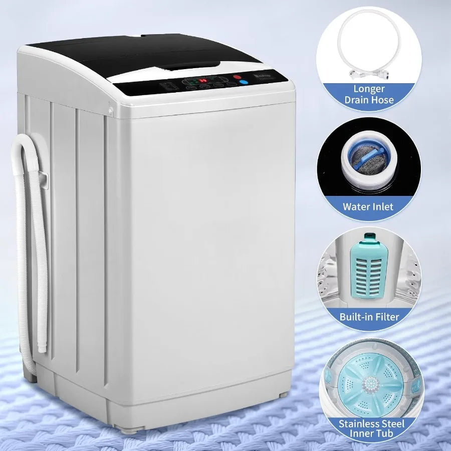 25LBS Portable Washing Machine Full-Automatic Laundry Machine with Stainless Steel Drum 10 Wash Programs Compact Washer and Spi