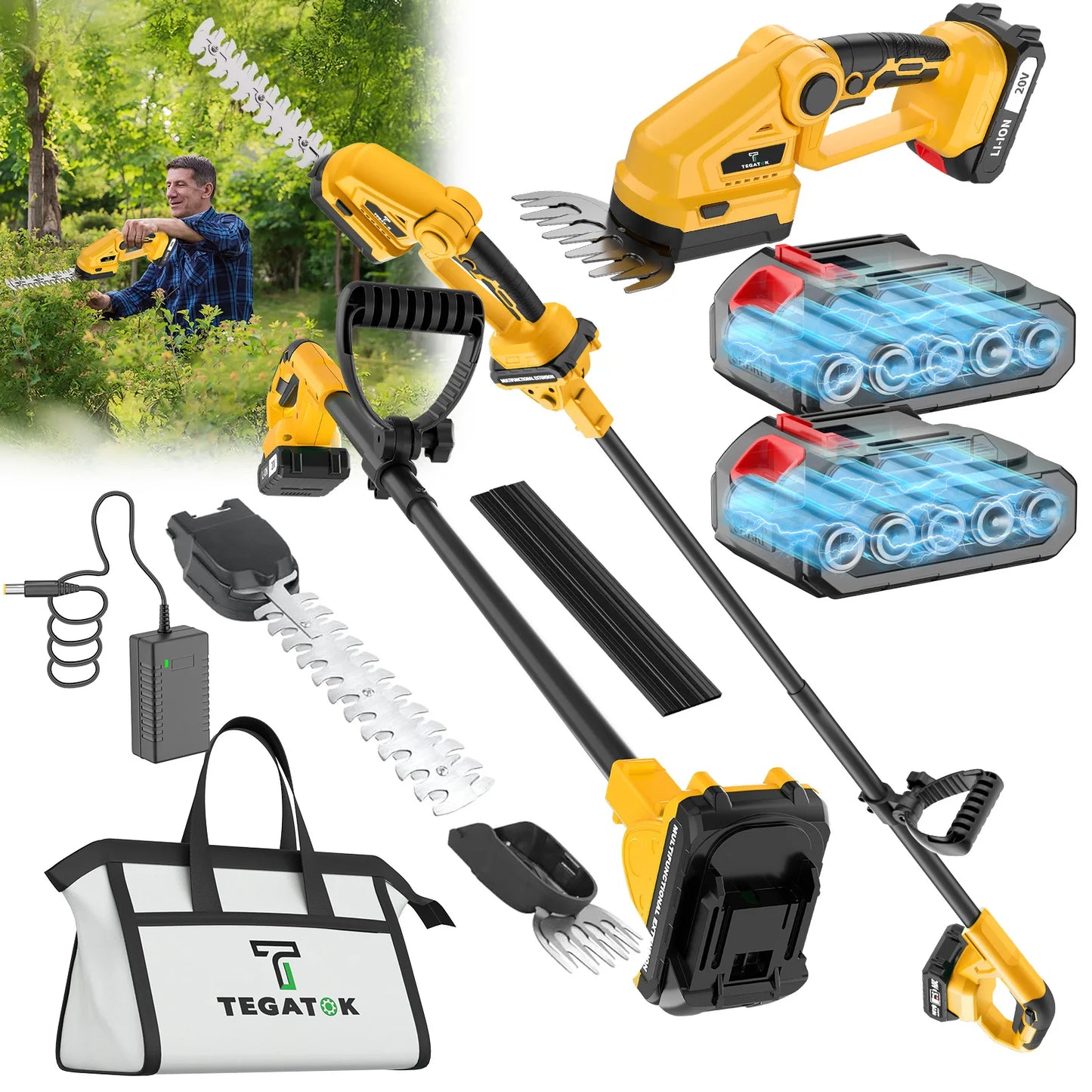 TEGATOK 2-In-1 Electric Hedge Trimmer With Extension Pole Cordless