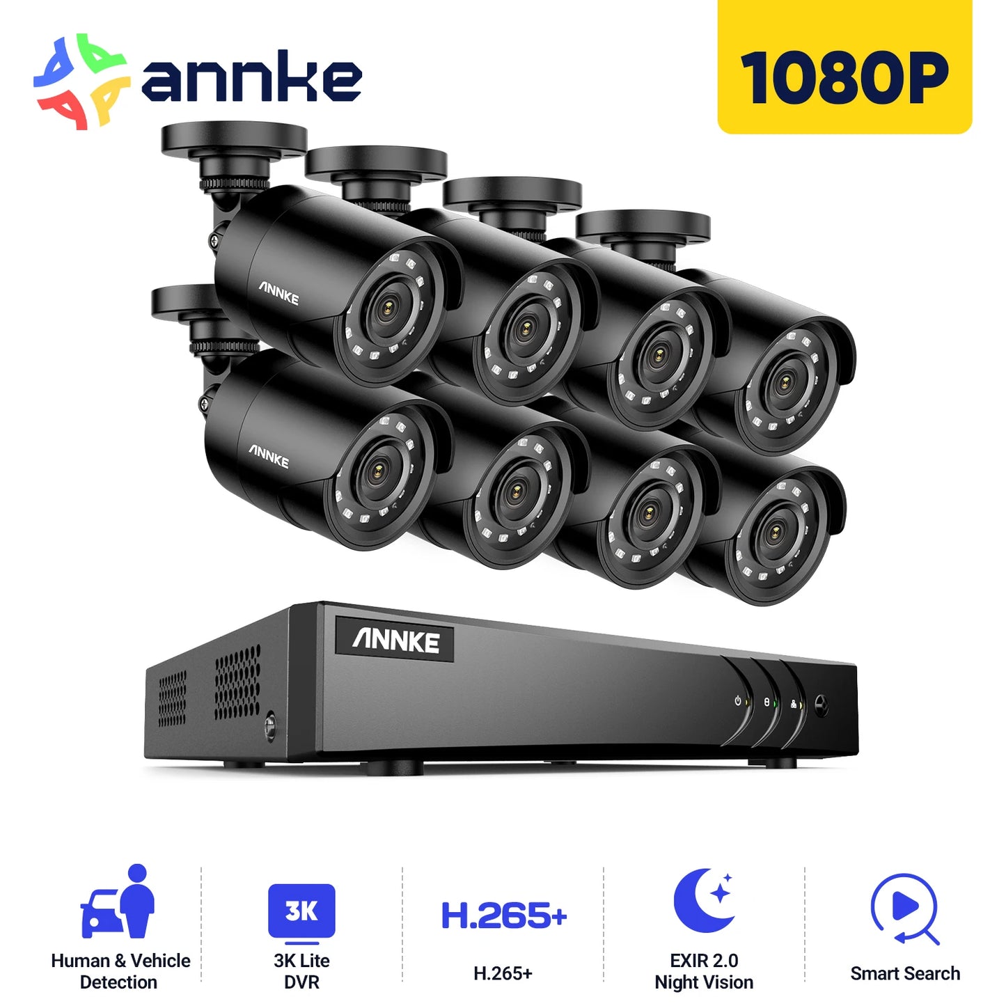 ANNKE 8CH 1080P FHD Video Surveillance System H.265+ 5in1 5MP Lite Recorder 1080P Outdoor Weatherproof Security Camera CCTV Kits