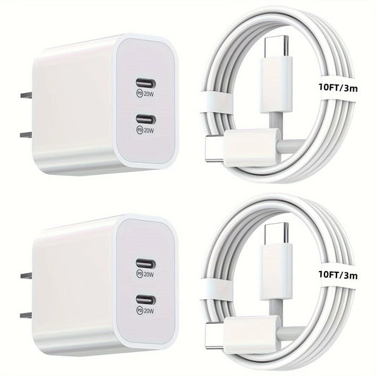 2Pack 40WPD Dual Port Charger Fast Charging With 10FT USB C To C Charging Cable For IPhone 15 Pro Max/15Pro/15/15Plus, IPad Pro