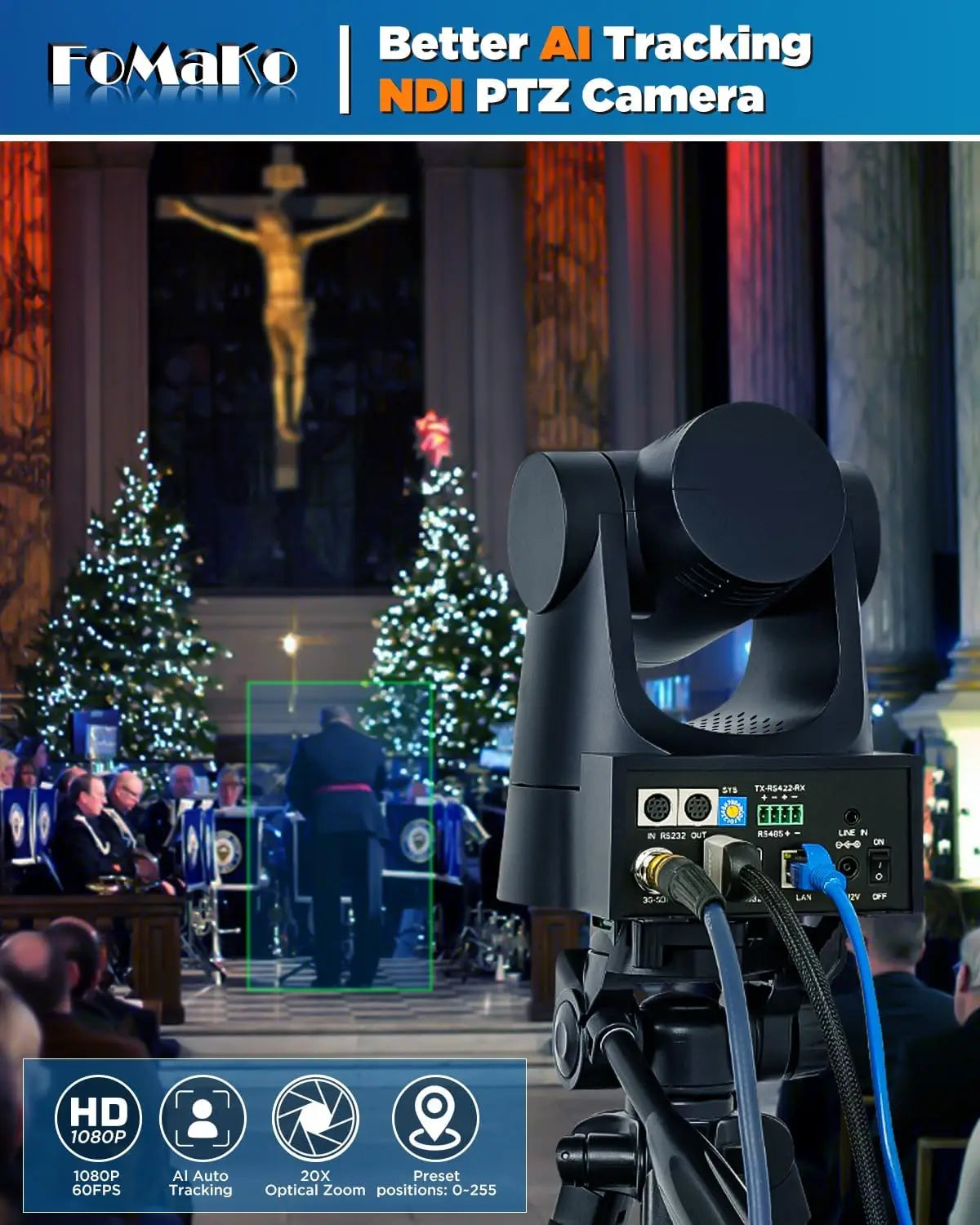NDI PTZ Camera,30X Optical Zoom, PoE, AI Auto-Tracking Gen 3, KC608 NDI PTZ Controller (Black), for Church Worship Live Services