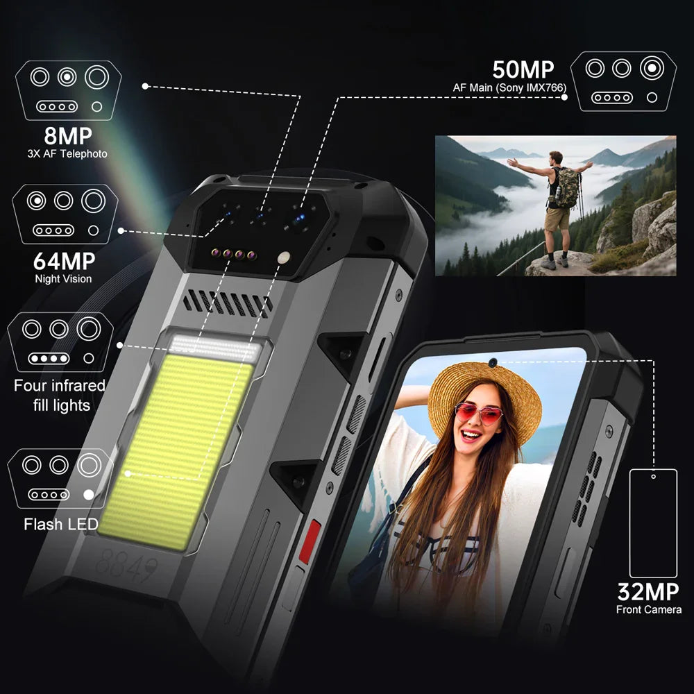 8849 Hike Unihertz Rugged Smartphone 23800mAh 24GB+512GB Expandable 2TB 1200Lumen Flashlight Android14 Two Speakers 6.79'' 120Hz