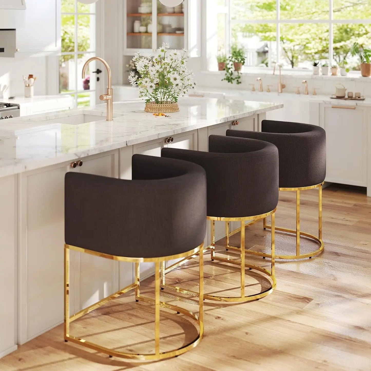 Modern Counter Height Linen Fabric Upholstered Counter Stools Set of 3, 24 Inch Kitchen Island Stool with Black, Customized