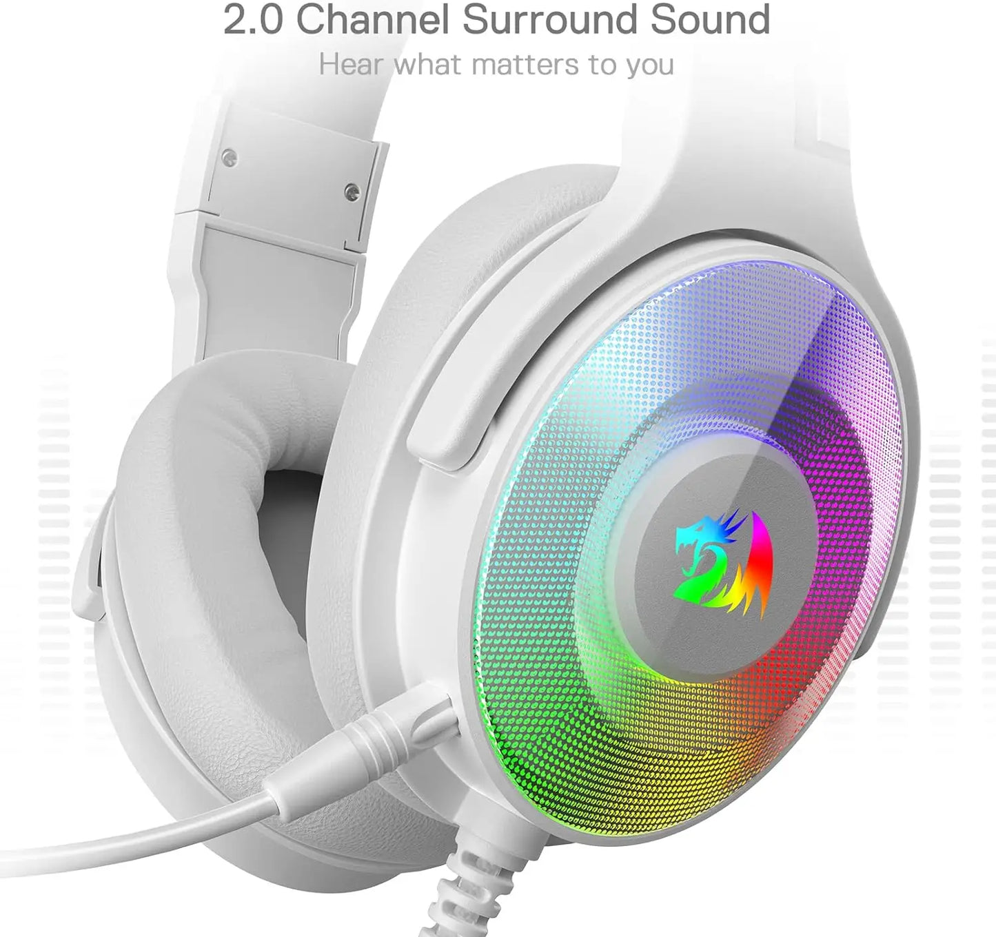 Redragon H350 White Wired Gaming Headset Dynamic RGB Backlight Stereo Surround  50MM Drivers Over-Ear Headphones