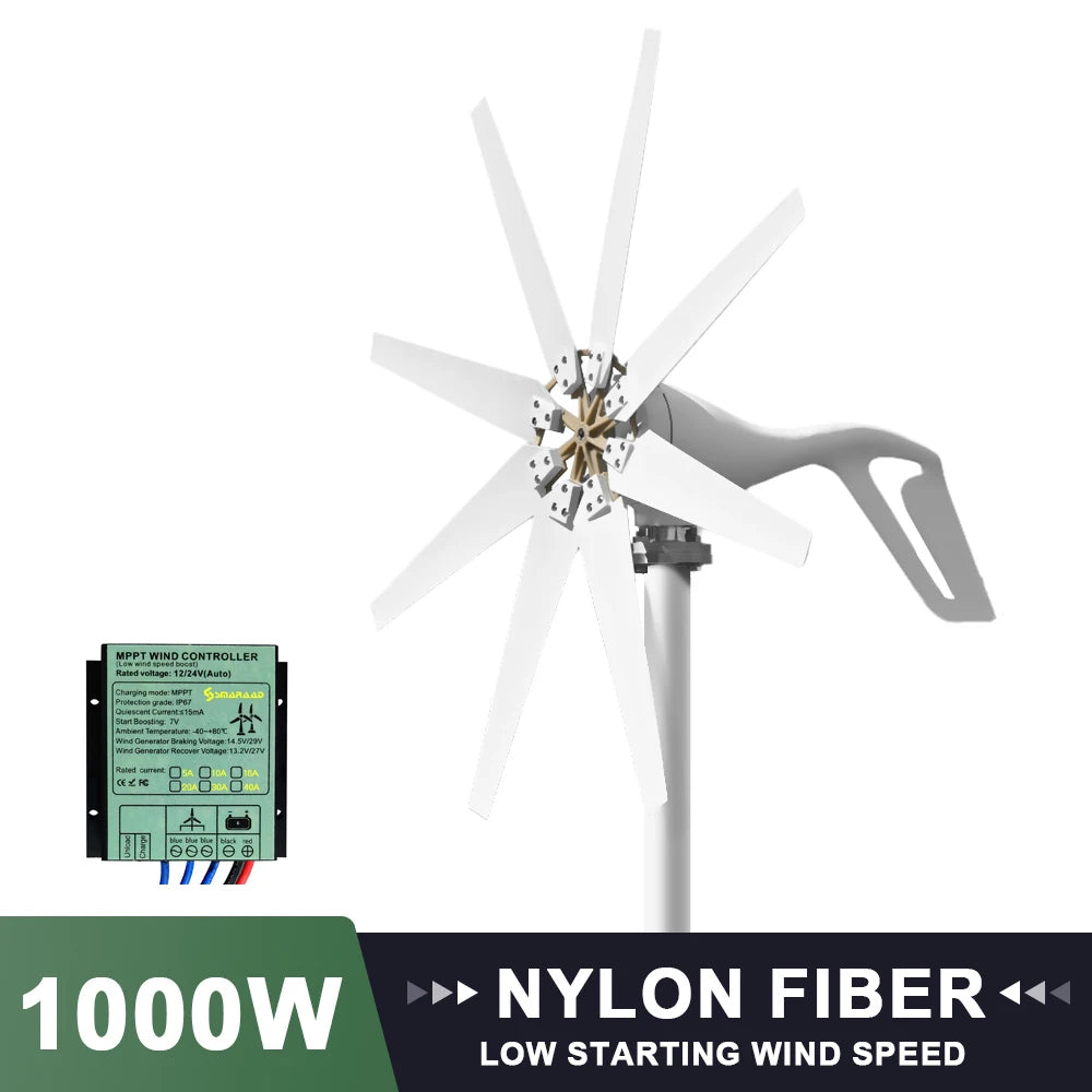 1kw 1000w Horizontal Strong Wind Turbine Generator 48V 24V 12V Power Magnetic Dynamo Free Energy 220v Inverter Output For Home