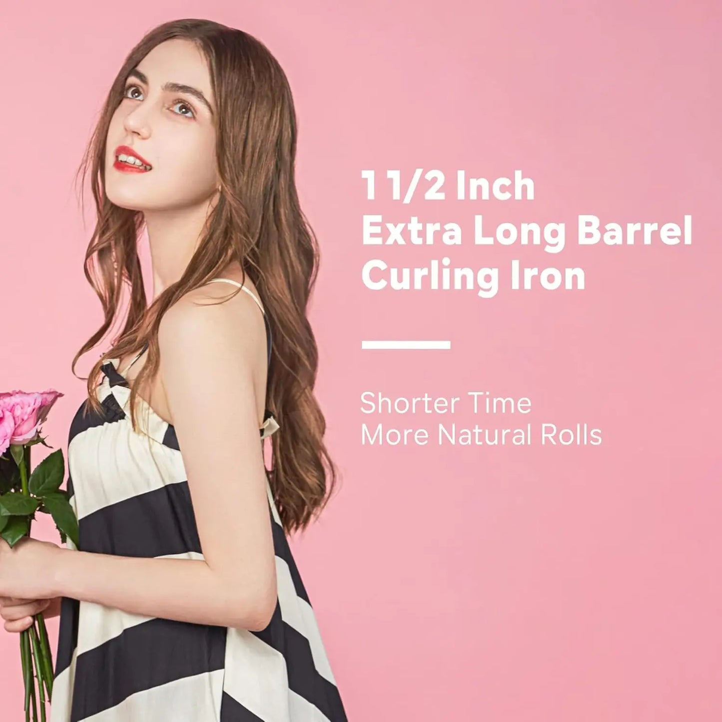 1.5 Inch Extra Large Curling Wand for Long Hair - Ceramic Tourmaline Barrel with 40000000 Negative Ions, 2 Clips