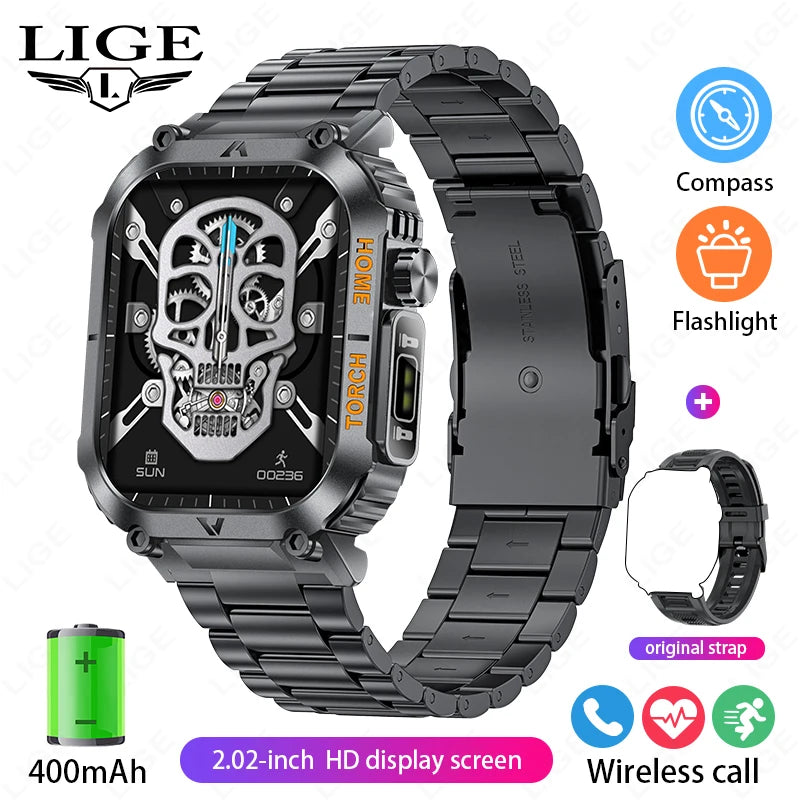 LIGE Men Smart Watch LED Flashlight Compass Watches 3ATM Waterproof 2.02'' HD Screen Military Sport Smartwatch 2025 Reloj Hombre