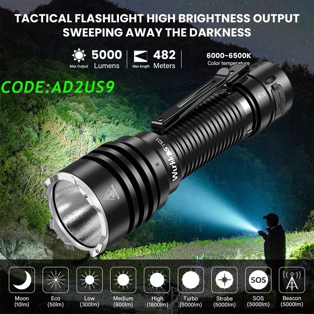 Wurkkos TS23 5000LM Ultra-Bright EDC Flashlight: Featuring XHP70.3 HI & 21700 Battery, IPX8 Rated with Tail Switch.