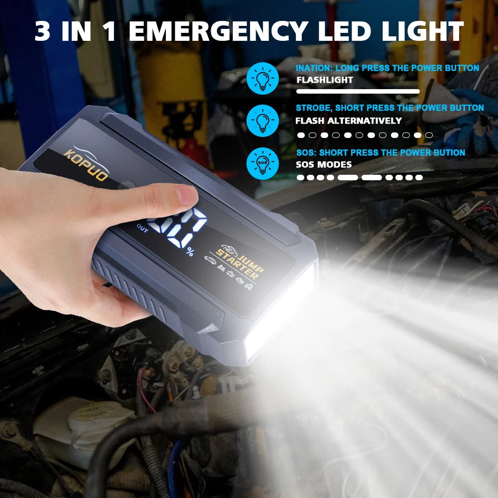 KOPUO 2000A Car Jump Starter Power Bank Portable Emergency Booster 12V Auto Starting Device for 8.0L Gas/6.0L Diesel Engines