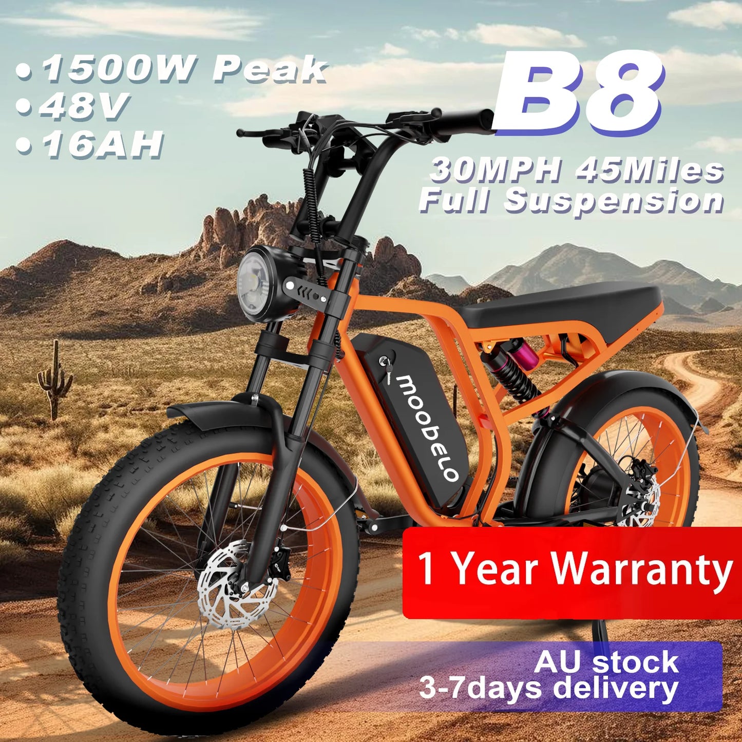 1500W Peak Electric Bike Moobelo B8 - Winter Fat Tire 48V 16AH Long Range 30MPH | Shimano 7-Speed All-Terrain E-Bike for Adults