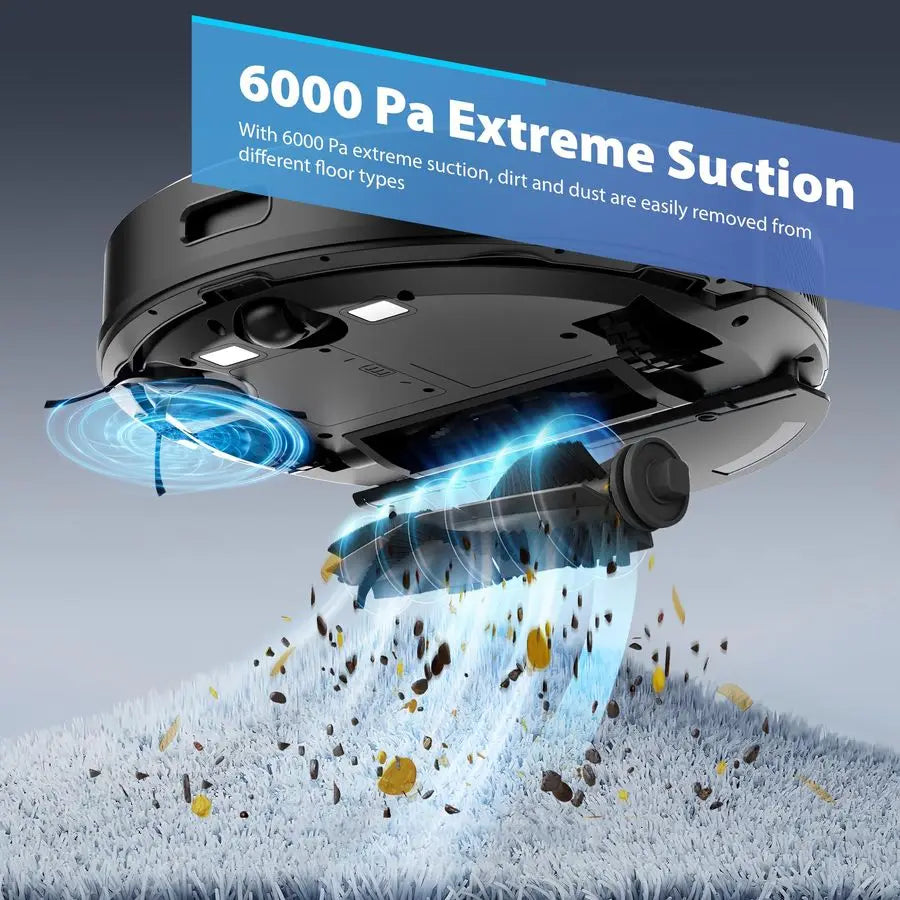 Robot Vacuum and Mop Combo, 6000Pa Automatic Robotic Vacuum Cleaner, Smart Mapping, 150 Min Max, Ideal for Pet Hair, Hardfloors,