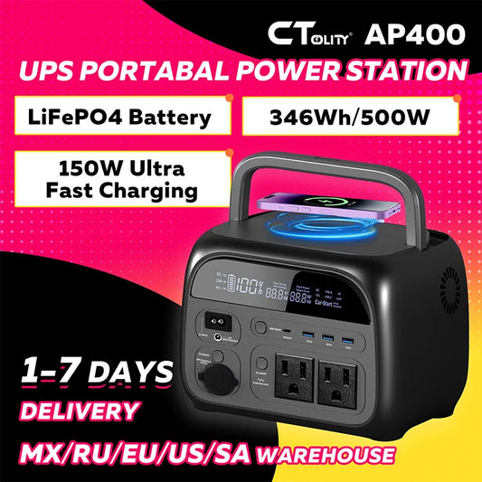 CTOLITY AP400 500W Solar Generator Portable Power Station 345Wh LiFePO4 Battery 110V 220V AC Output Home Camping Travel RVs