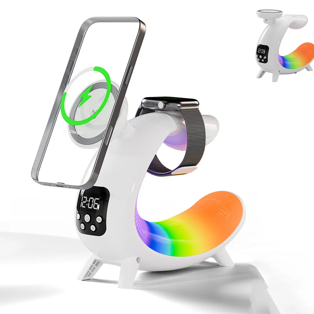 Magnetic Wireless Charger 6 in 1 Multifunction Stand Speaker Bluetooth Clock Colorful Nightlights for iPhone 17 16 15 Samsung