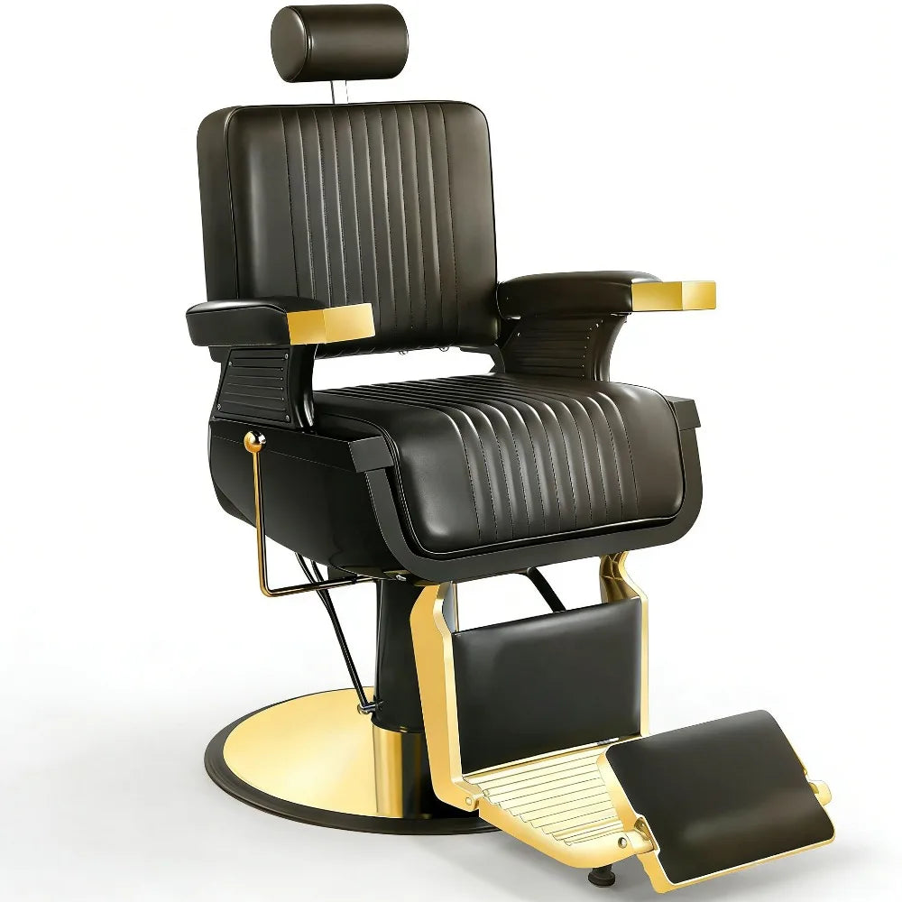 Black Gold Barber Chair, Reclining Salon Chair Hair Stylist, Barber Chairs for Barbershop Supports up to 500lbs, Professional Sa