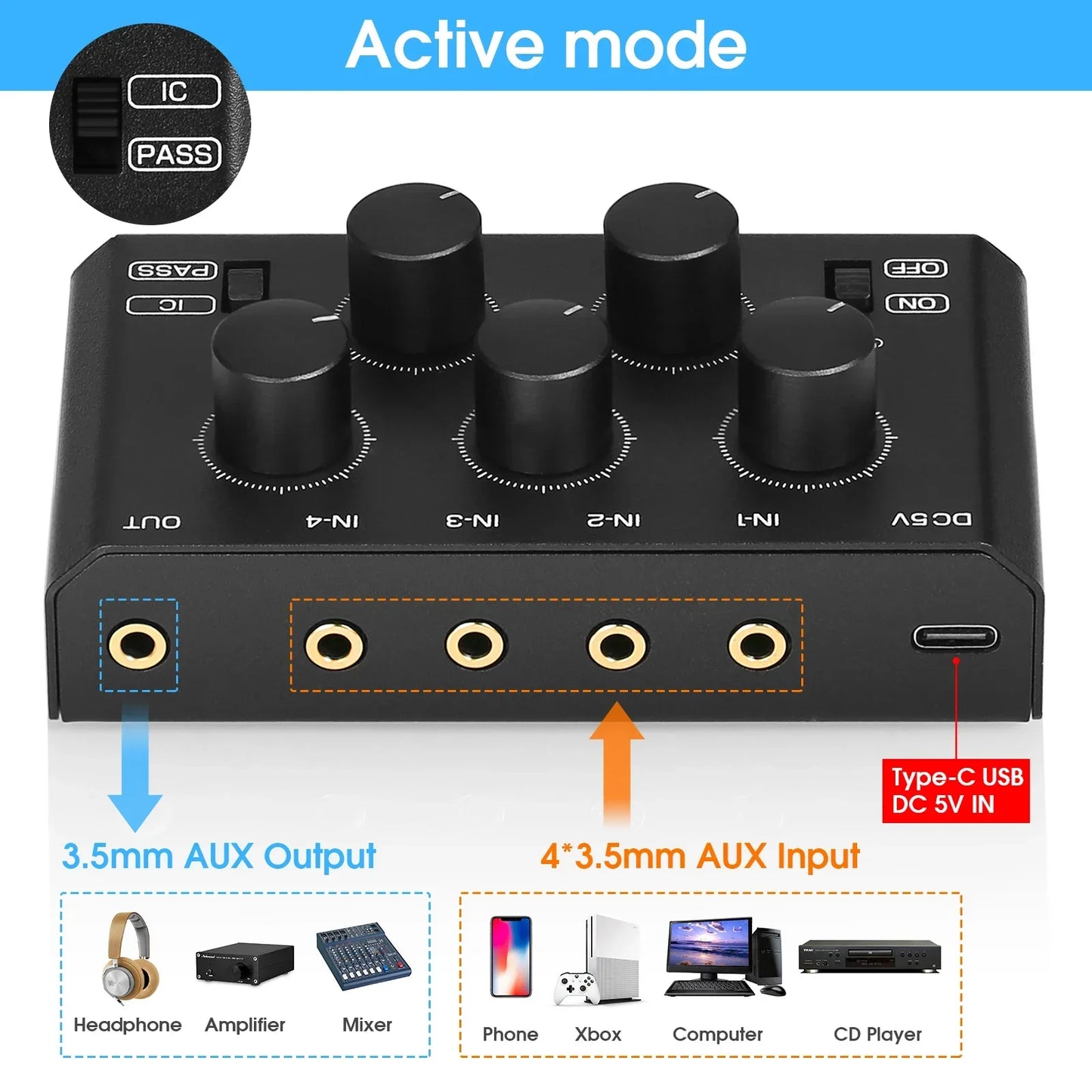 Nobsound MC5-BX Mini Stereo 4 Channel Audio Mixer Ultra Low-Noise Home/ Studio/ Bar Line Mixer