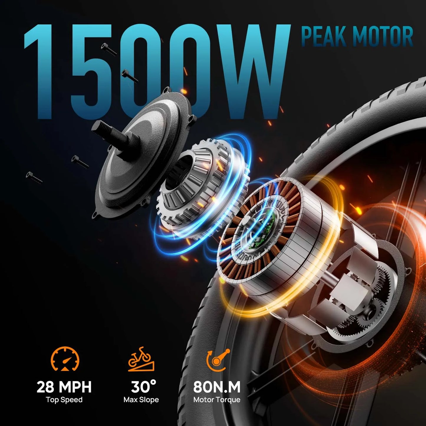 Peak 1500W Foldable Electric Mountain Bike with 48V 13Ah Removable Battery 28MPH 80 Mile Range 20"*4" fat Tire E-bike