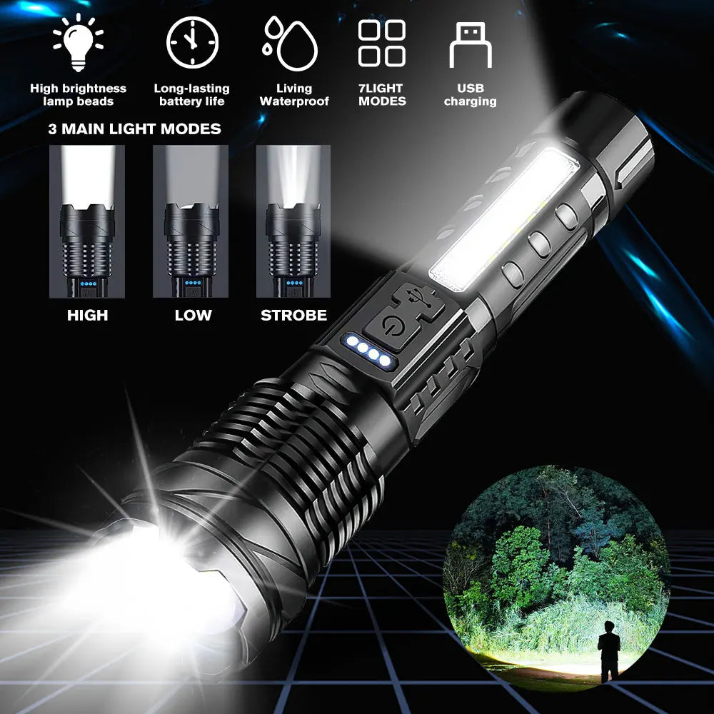 Zoomable Super Bright Flashlight 30W 7Mode COB LED Tactical Flashlight Portable Rechargeable Outdoor Lamp Built in Battery