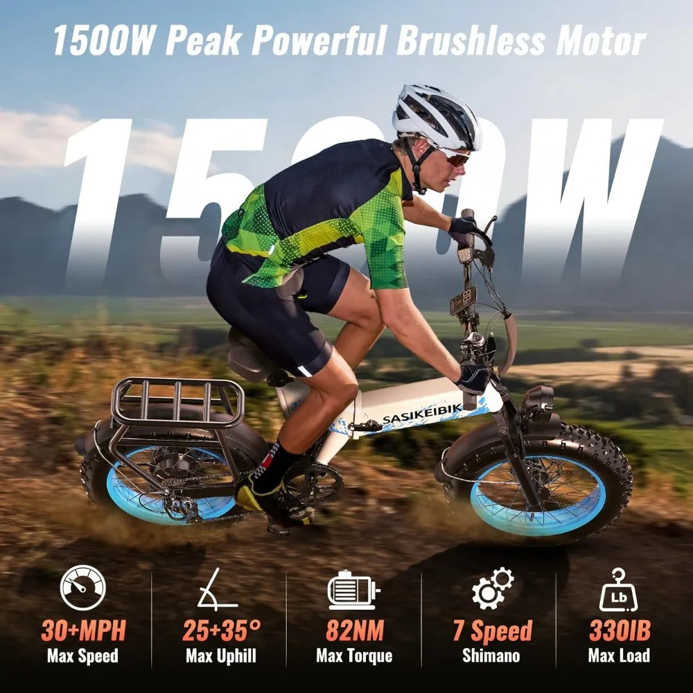 Folding 52V 20Ah Removabke Battery Electric Bike 1500W Peak Motor 20'' Fat Tire Mountain Commuter 30MPH