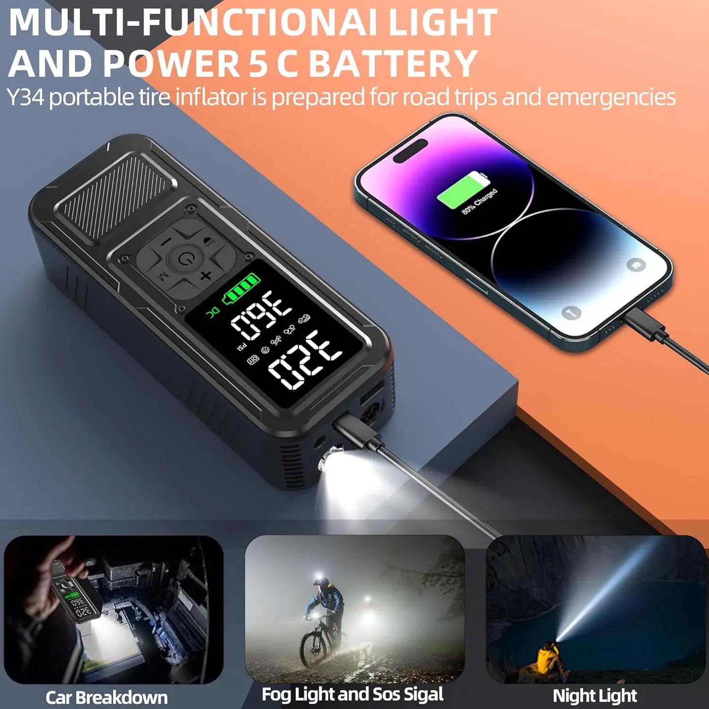 Y34 Portable Air Compressor, 4X Faster Inflation, 6000mAh, 150PSI with Digital Gauge & LED Light for Car, Motorcycle, Bike