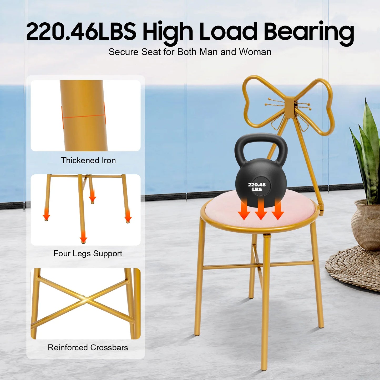 Elegant Pink Butterfly Backrest Chair with Soft Cushion, 100kg Load Iron Frame Dining Chair for Living Room Bedroom Cafe Decor