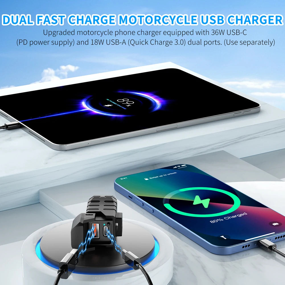 PD QC3.0 Motorcycle USB Fast Charger Handlebar USB Socket Charger Waterproof 12V Power Supply Adapter Motorcycle Accessories