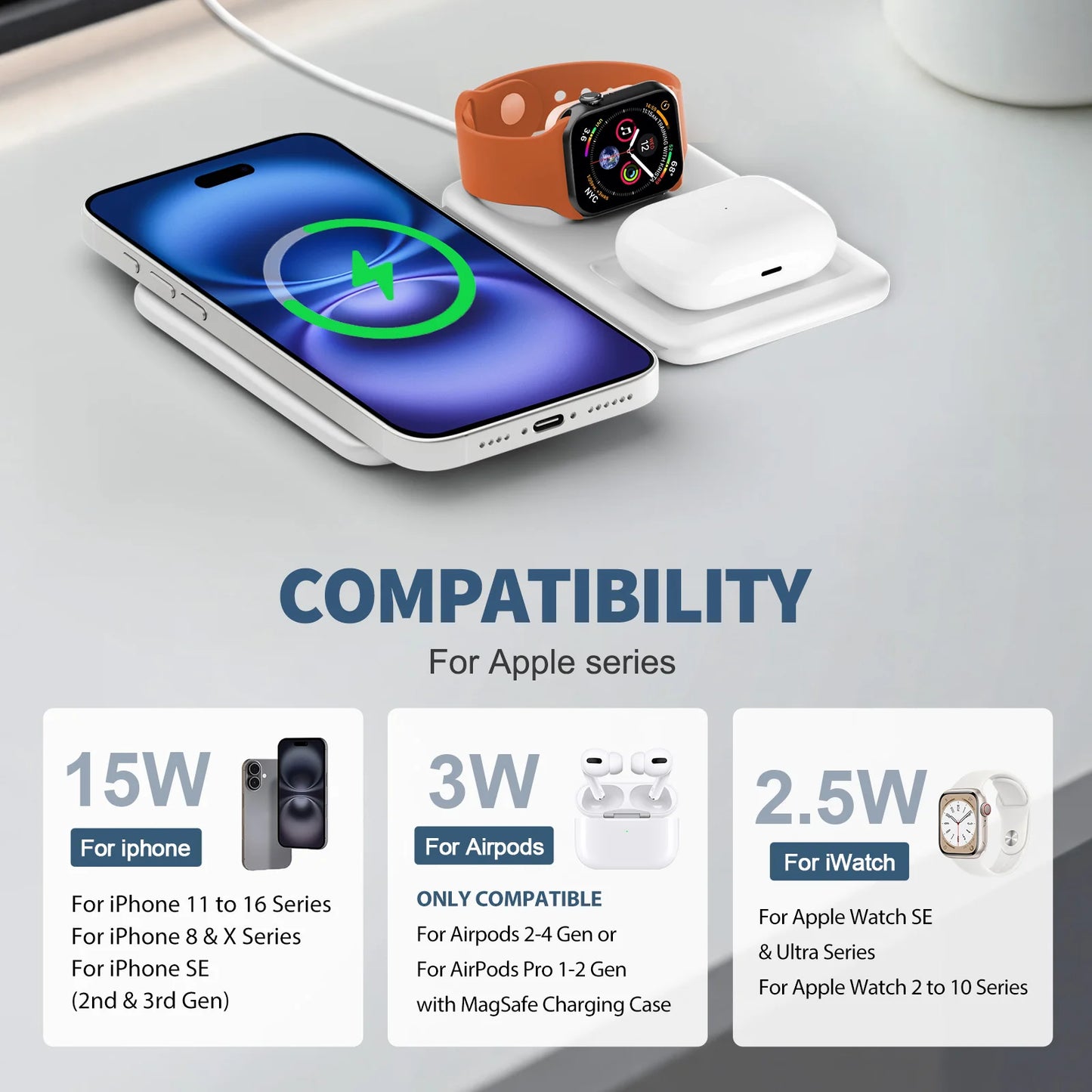 Magnetic Wireless Charger Pad 3 in 1 15W Portable Fast Charging Phone Holder for iPhone 17 1615 14 Pro Max Apple Watch AirPods