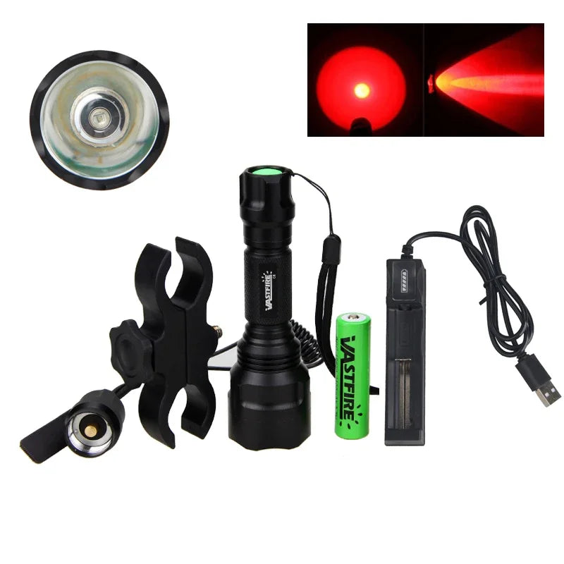 C8 LED Flashlight White/Green/Red Tactical Hunting Rifle Lantern+Pressure Switch+Rail Scope Mount+18650+USB Charger