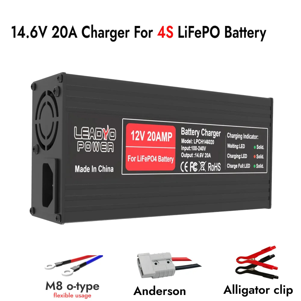 14.6V 20A Smart Lifepo4 Battery Charger 4S 12V High Power For Lithium iron Phosphate LFP RV Battery Pack 14.6V Smart Charger