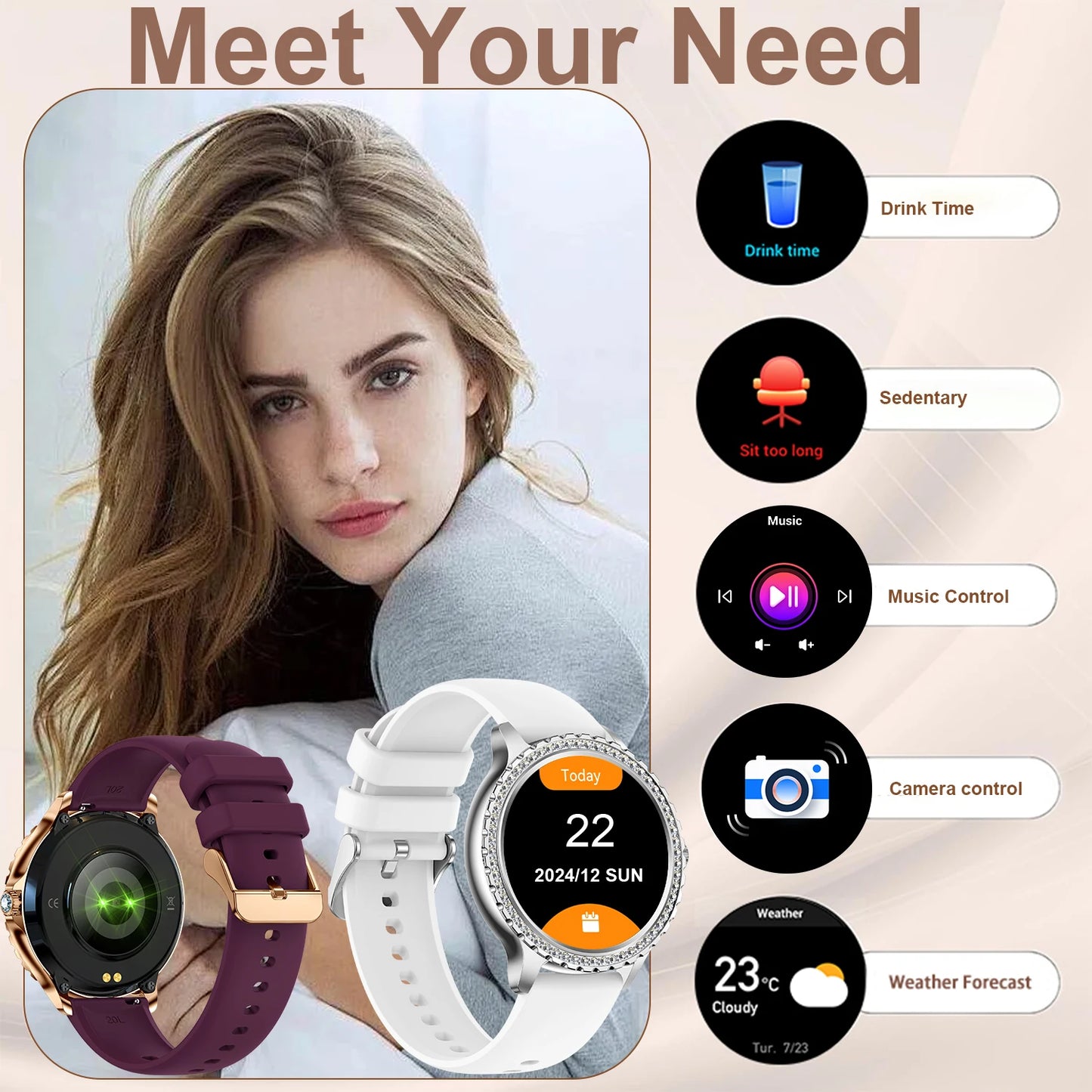 Smart Watch For women - 1.32" Touchscreen Fitness Tracker with Wireless Calls, Music Time Display, Step Counting