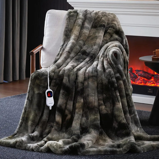 Soft Faux Fur Electric Heated Blanket with 10 Heat Levels & Auto Timer, Machine Washable (50x60 Dark Grey)