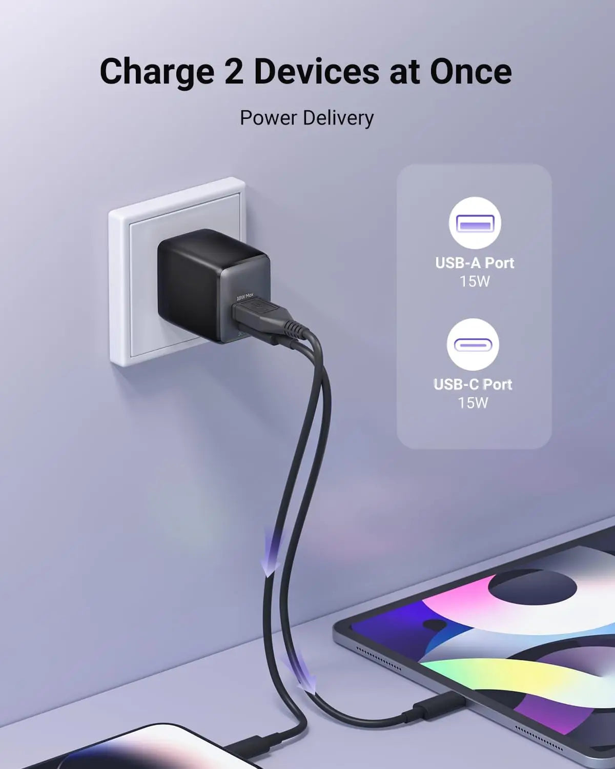 wegear USB C Fast Charging Charger 30W Dual-Port GaN Nano Charge Foldable Plug for iPhone 16/15 iPad for Galaxy S24 Ultra