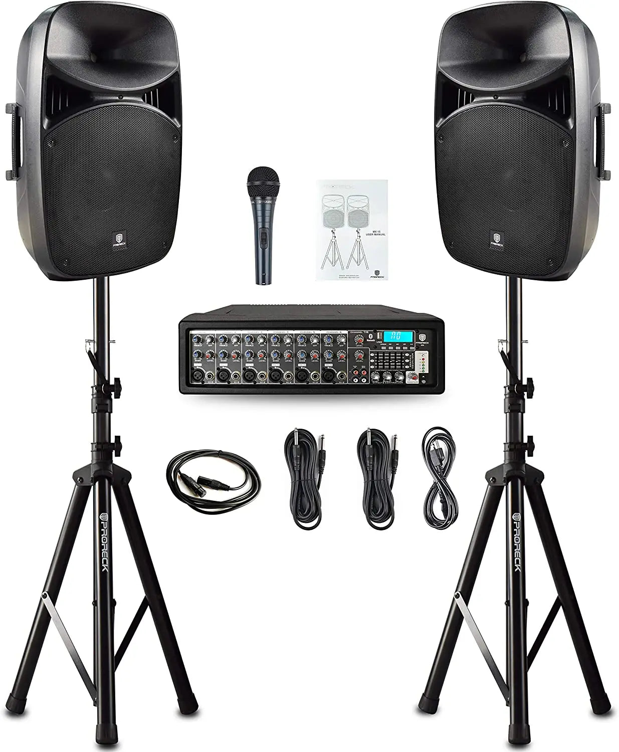 PRORECK Powered MX15 15inch 2500W Bluetooth PA System Mixer/Amp with Stands/Mic Effect Controller 48V Phantom Power, DJ SET