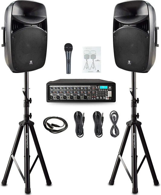 PRORECK Powered MX15 15inch 2500W Bluetooth PA System Mixer/Amp with Stands/Mic Effect Controller 48V Phantom Power, DJ SET