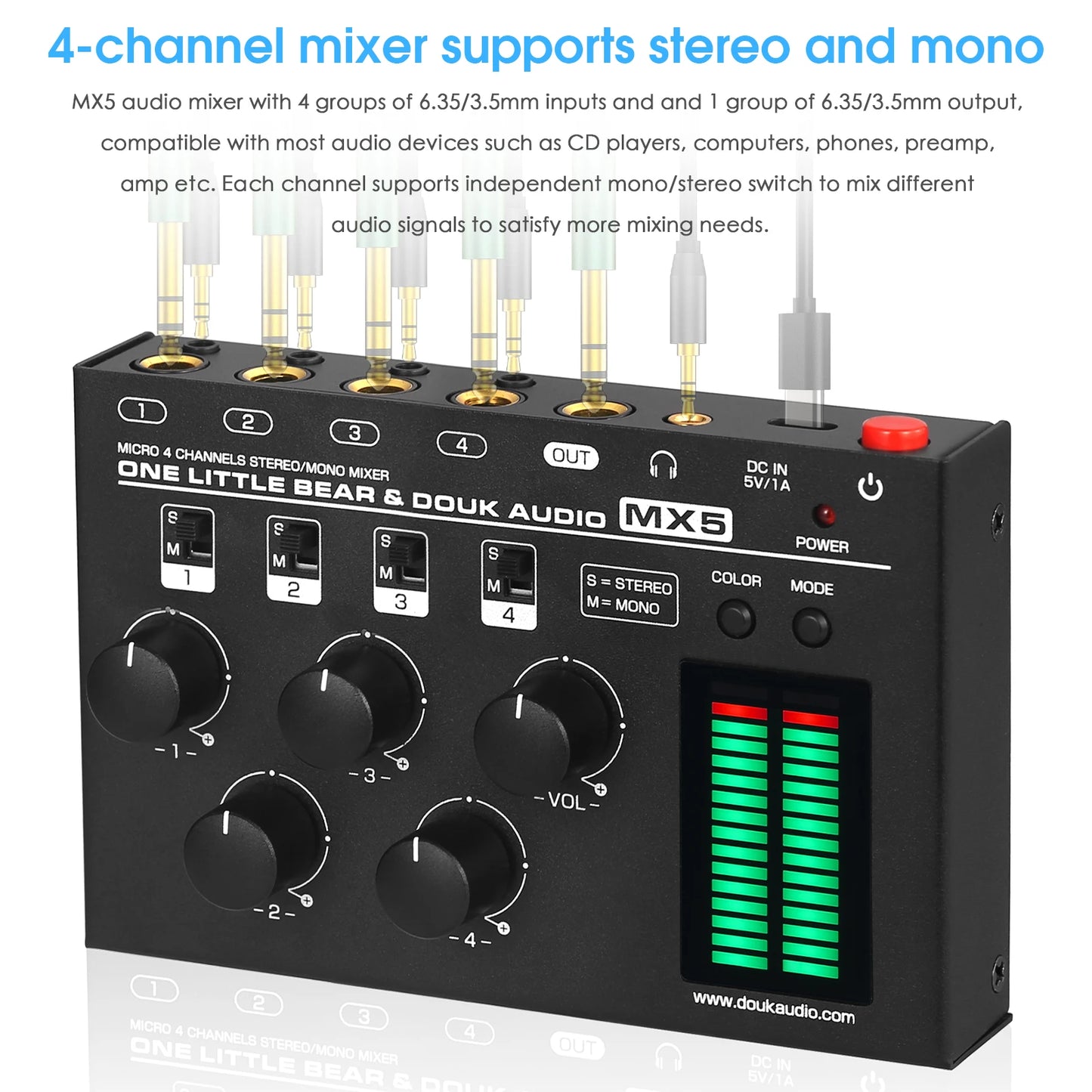 Nobsound MX5 Ultra Low Noise 4-Channel Stereo Audio Mixer Mini Stereo / Mono 6.35/3.5mm Mixer for Club/Studio/Bar